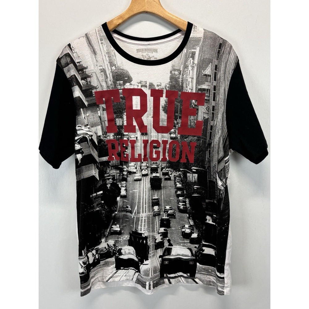 True Religion Graphic Tshirt Sz X-Large Mens Black White City Scene Streetwear